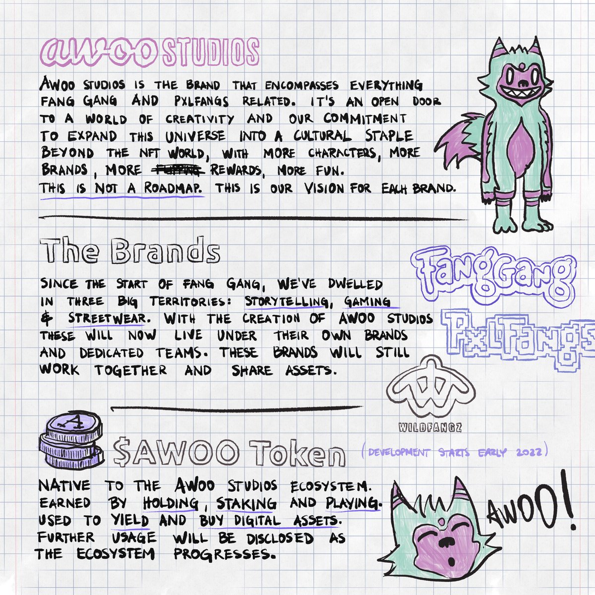 FangGangNFT's tweet photo. INTRODUCING: AWOO STUDIOS

2022 is just around the corner so we wanted to let you in on everything we have in store 💜

First, the big announcement: Awoo Studios is our brand new startup that wild hold our 3 main brands from now on - Fang Gang, PxlFangs and Wildfangz.

🧵👇 https://t.co/jo98nEaPnQ