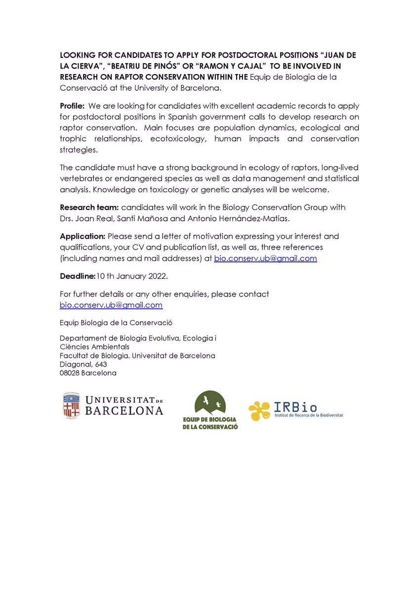 esparverblau's tweet photo. LOOKING FOR CANDIDATES TO APPLY FOR POSTDOCTORAL POSITIONS “JUAN DE LA CIERVA”, “BEATRIU DE PINÓS” OR “RAMON Y CAJAL” TO BE INVOLVED IN RESEARCH ON RAPTOR CONSERVATION WITHIN THE Equip de Biologia de la Conservació at the University of Barcelona. bio.conserv.ub@gmail.com https://t.co/KmJtuPysH1