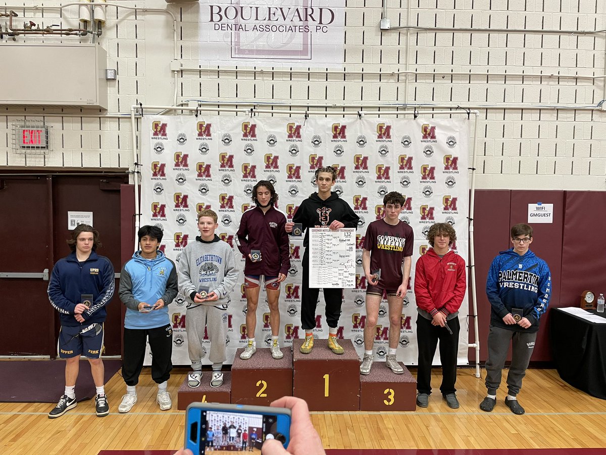PalmHSWrestling's tweet photo. Great job by the Bombers. Three medalists at Governor Mifflin, Kellen Trotter 8th at 106, Derek King 7th at 132, and Dennis Lombardi 2nd at 152 https://t.co/4Y72BfHaYm