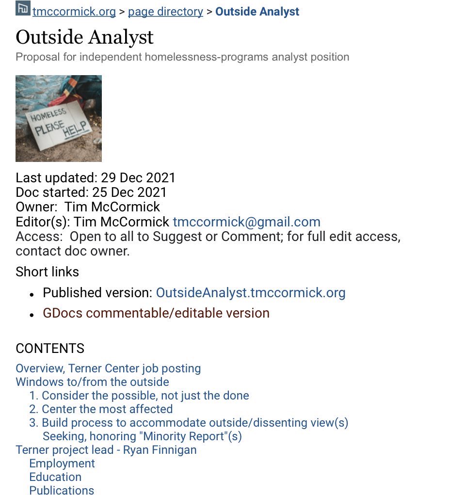 tmccormick's tweet image. let&apos;s hear it for the  #OutsideAnalyst…🙄 I&apos;ve written up concept/proposal at  OutsideAnalyst.tmccormick.org, and am about to submit it to @TernerHousing in response to job posting for homelessness policy analyst below. Any thoughts are welcome. c/@ryanmfinnigan @issiromem @ameboyd