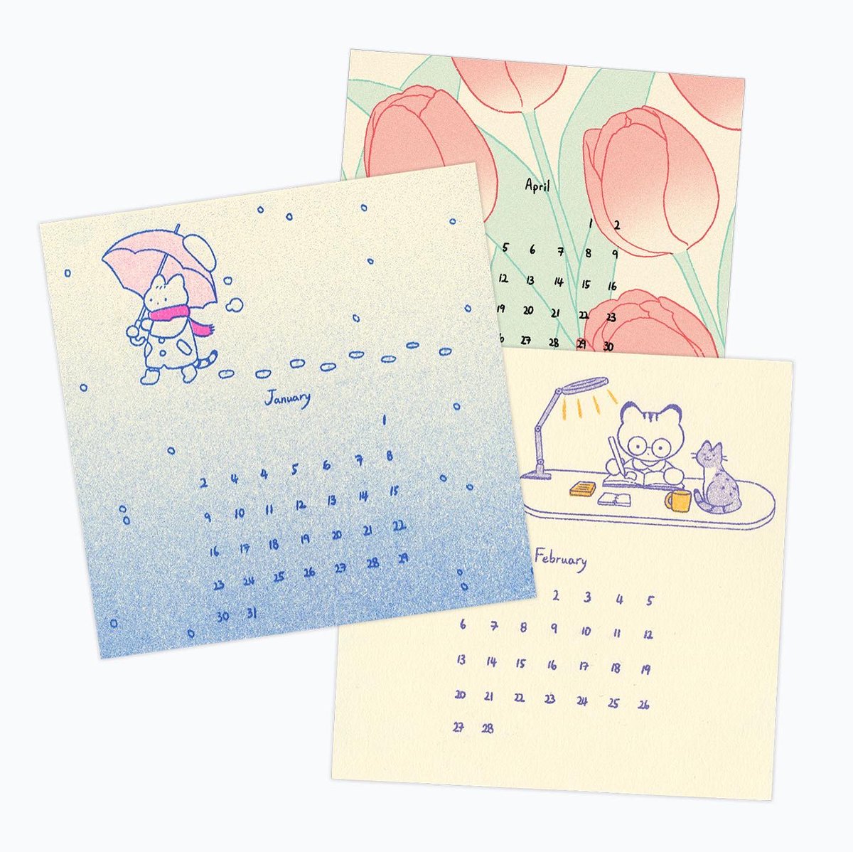 luckyrisograph's tweet photo. Super excited to launch this #risograph 2022 calendar and memo pad with @remesia 🐈

Each month features a different riso printed 2 color design and comes with a wooden stand. Available for preorder through our online store 〰link in bio! Orders will ship out 1st week of Jan 💞 https://t.co/eWXV6ehs5A
