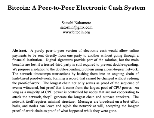 31 de Octubre de 2008: aparece publicado un white-paper llamado "Bitcoin: A Peer-to-Peer Electronic Cash System" el cual viene a proponer un nuevo tipo de dinero digital: resistente a la censura, resistente a la confiscación y con una emisión prepactada de 21 millones.