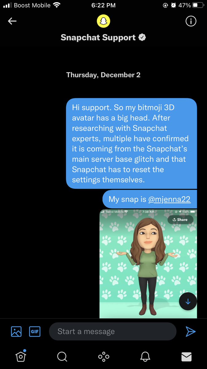 mjenna22's tweet photo. @snapchatsupport 
All useless bots dragging me in circles for no damn reason 

Please retweet so that maybe a real person at Snapchat can fix my bitmoji 

#uselesssnapchat #snapchatsupport #bots https://t.co/Jrn9oqPXFc