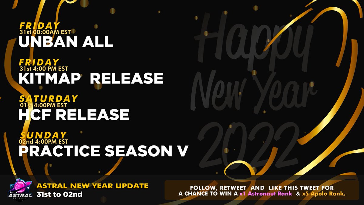 En celebración por el lanzamiento de la New Year Update de Astral, estaré sorteando lo siguiente:
 
✦ 1x Astronaut Rank
✦ 5x Apolo Ranks
 
Follow <a href="/AstralNetworkCC/">AstralMC</a>, <a href="/PanditasLover/">PanditasLover</a>  y RT para participar