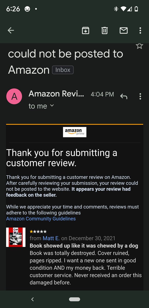 So apparently if you write a review for a really bad product <a href="/amazon/">Amazon</a> will just decide they don't want the review. If I could have gave this transaction 0 stars I would have. #amazonfail