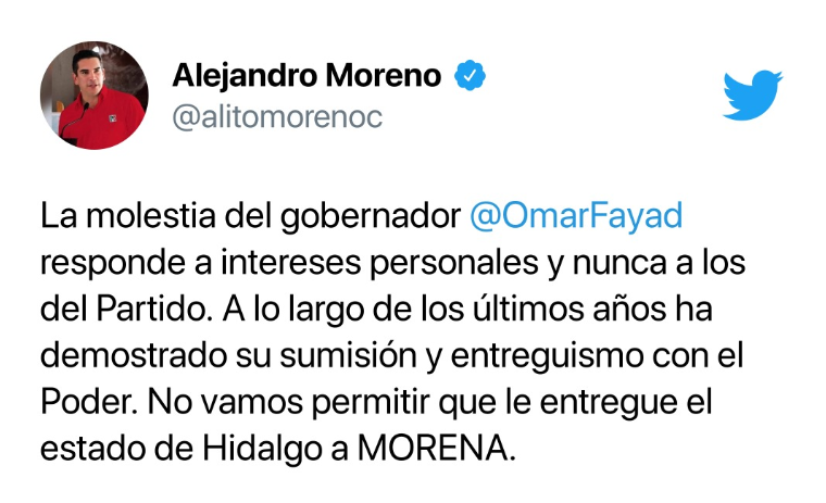 PrensaCENPRI's tweet photo. #Comunicado📰| El @PRI_Nacional no permitirá que el gobernador Omar Fayad entregue el estado de Hidalgo a MORENA: @alitomorenoc 

📲https://t.co/ebDdjxCXK1 https://t.co/KRa8ouhR73