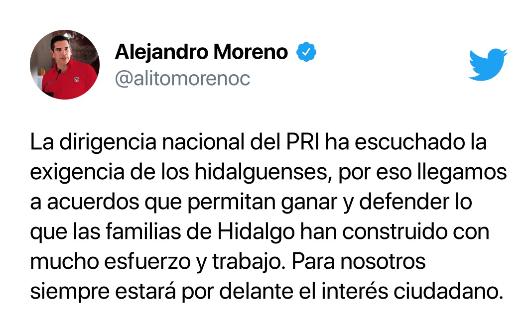 PrensaCENPRI's tweet photo. #Comunicado📰| El @PRI_Nacional no permitirá que el gobernador Omar Fayad entregue el estado de Hidalgo a MORENA: @alitomorenoc 

📲https://t.co/ebDdjxCXK1 https://t.co/KRa8ouhR73