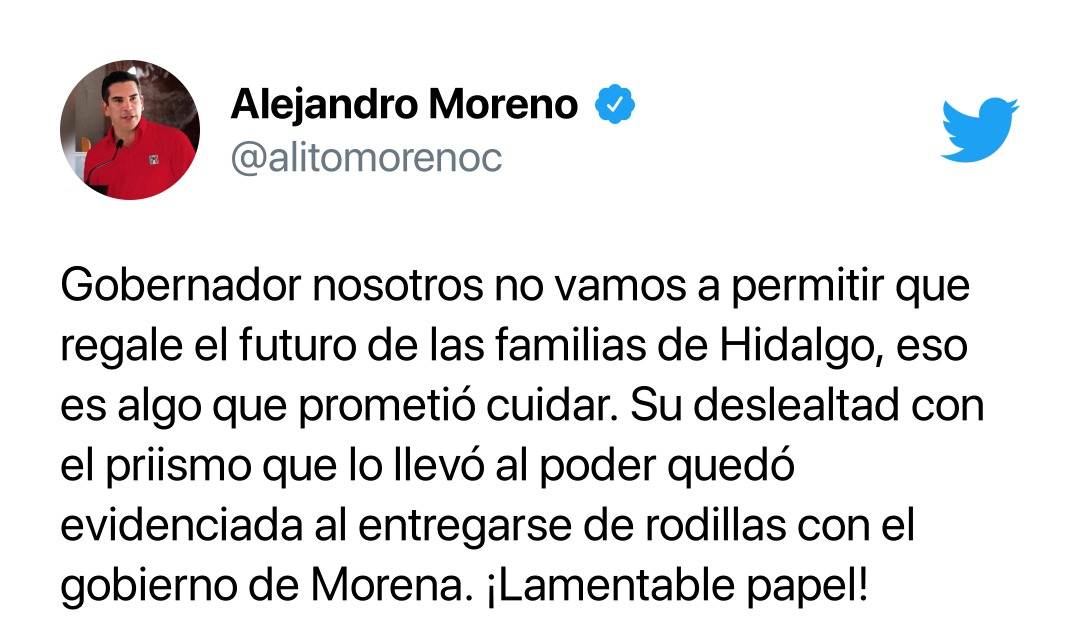 PrensaCENPRI's tweet photo. #Comunicado📰| El @PRI_Nacional no permitirá que el gobernador Omar Fayad entregue el estado de Hidalgo a MORENA: @alitomorenoc 

📲https://t.co/ebDdjxCXK1 https://t.co/KRa8ouhR73