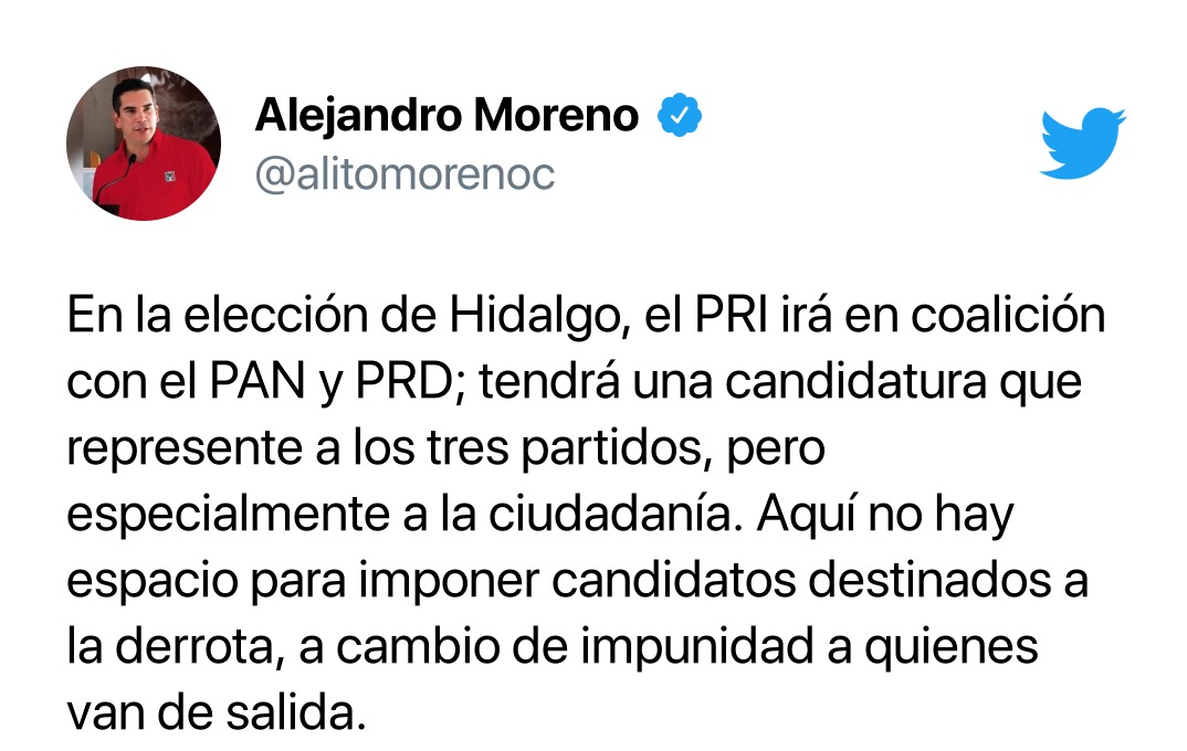 PrensaCENPRI's tweet photo. #Comunicado📰| El @PRI_Nacional no permitirá que el gobernador Omar Fayad entregue el estado de Hidalgo a MORENA: @alitomorenoc 

📲https://t.co/ebDdjxCXK1 https://t.co/KRa8ouhR73