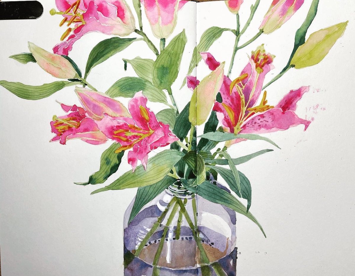 SasalaRW's tweet photo. What a year it’s been! Here’s to the next… looking forward to another year of great adventures 🍾 #orientalpinklilies #watercoloursketch #processvideotofollow #etchrsketchbook #etchr #etchrlab https://t.co/FvUeRIdhDi