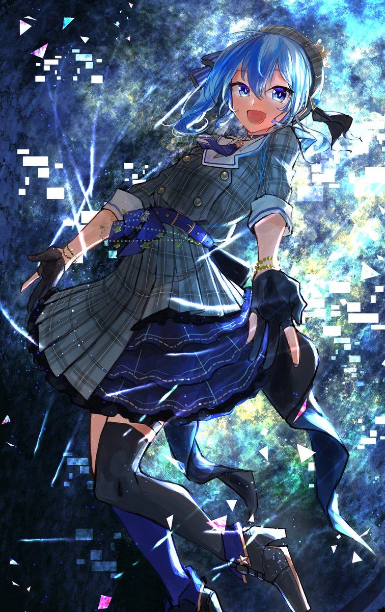 hoshimachi suisei 1girl blue hair night crown sky side ponytail socks  illustration images