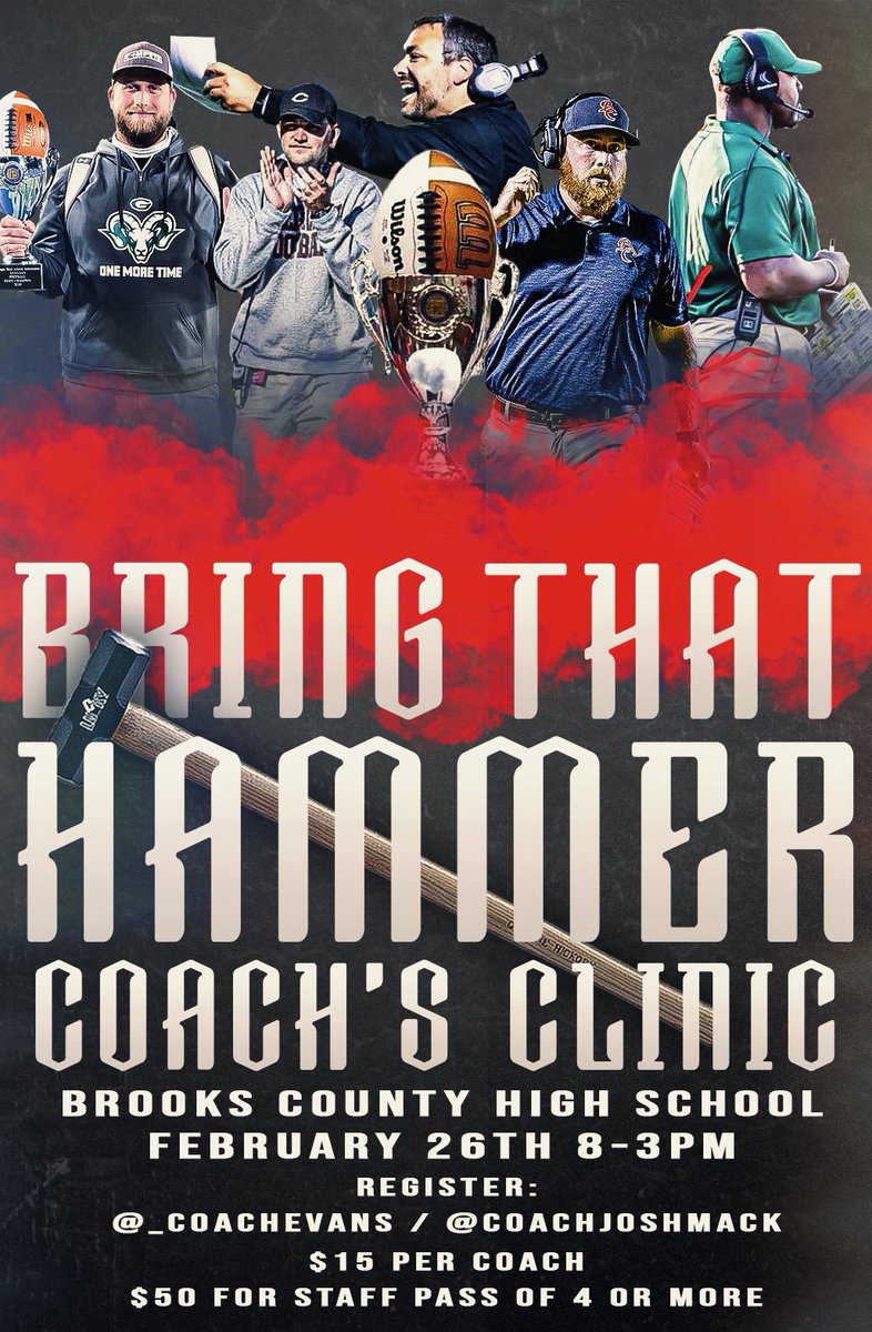 We hope to see you and your staff at the best HIGH SCHOOL clinic money can buy. We look forward to seeing each of you at Brooks County High School on Feb 26th. REGISTRATION OPEN at eventbrite.com/e/bring-that-h…