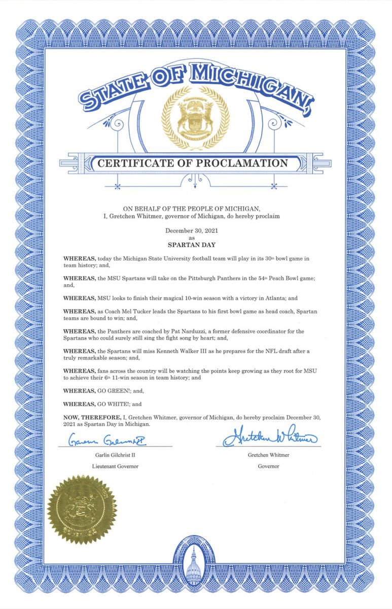 GovWhitmer's tweet photo. Just a reminder to everyone watching the Peach Bowl: it’s Spartan Day. #TuckComin https://t.co/pJoTBIzvjT