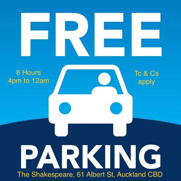 “Auckland is Calling" you! 

FREE PARKING in Auckland CBD today on New Year Eve! 

Yes, you heard it right.
Come early to The Shakespeare, enjoy an amazing dinner and enjoy the spectacular Harbour Bridge/ SkyTower light show. Free Car Parking for 8 Hours (4pm -12am) Ts &amp; Cs apply