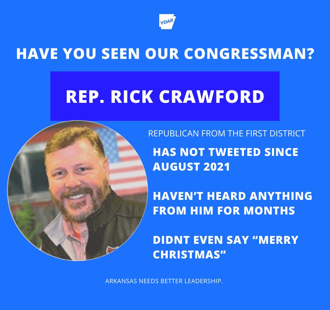 YDArkansas's tweet photo. .@RepRickCrawford U good? We haven’t heard from you since August so we were just checking in. https://t.co/YS6en9D6tF
