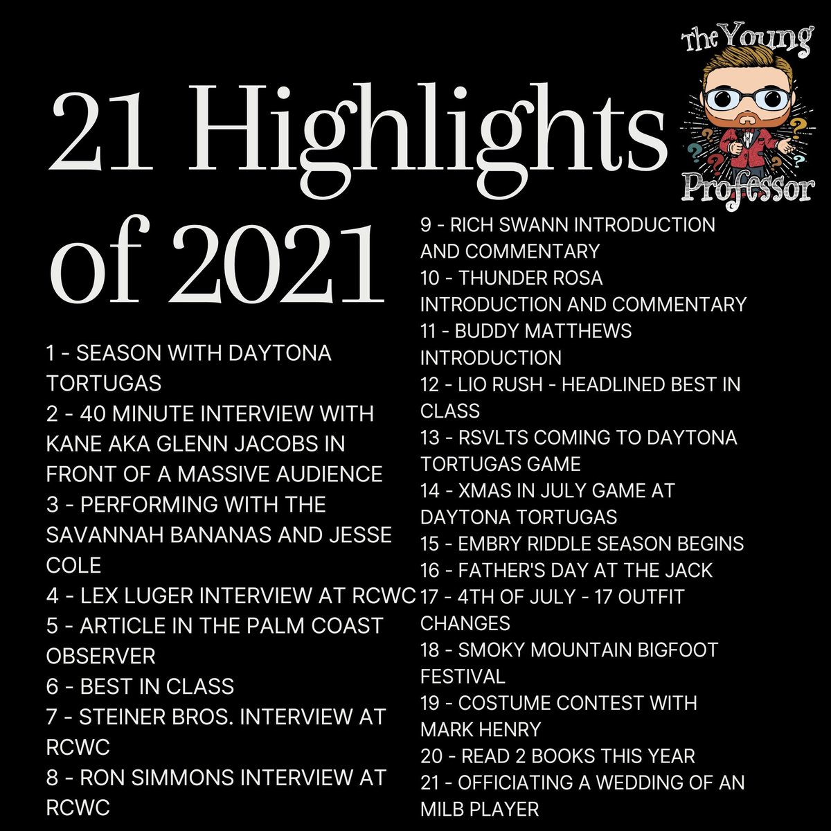 🎙️ The Young Professor 🎙️ (@youngprofessorg) on Twitter photo 21 highlights of 2021
<a href="/daytonatortugas/">Daytona Tortugas</a>
<a href="/thesavbananas/">Savannah Bananas</a>
<a href="/rsvlts/">RSVLTS</a>
<a href="/RCWCofficial/">River City Wrestling Con</a>
<a href="/leo_sem27/">Leonardo Seminati</a> & <a href="/carissa_murdock/">Carissa Murdock</a>
<a href="/GottaGetSwann/">Rich Swann</a>
<a href="/GlennJacobsTN/">Glenn Jacobs</a>
<a href="/PCObserver/">Palm Coast Observer</a>
<a href="/erauathletics/">Embry-Riddle Eagles</a>
<a href="/IamLioRush/">Lio Rush 🖤</a>
<a href="/SNM_Buddy/">GINGER RAMBO - Buddy Matthews</a>
And more! I can't even imagine what 2022 will be like...
#bestinclass #2021 21 highlights of 2021
<a href="/daytonatortugas/">Daytona Tortugas</a>
<a href="/thesavbananas/">Savannah Bananas</a>
<a href="/rsvlts/">RSVLTS</a>
<a href="/RCWCofficial/">River City Wrestling Con</a>
<a href="/leo_sem27/">Leonardo Seminati</a> & <a href="/carissa_murdock/">Carissa Murdock</a>
<a href="/GottaGetSwann/">Rich Swann</a>
<a href="/GlennJacobsTN/">Glenn Jacobs</a>
<a href="/PCObserver/">Palm Coast Observer</a>
<a href="/erauathletics/">Embry-Riddle Eagles</a>
<a href="/IamLioRush/">Lio Rush 🖤</a>
<a href="/SNM_Buddy/">GINGER RAMBO - Buddy Matthews</a>
And more! I can't even imagine what 2022 will be like...
#bestinclass #2021