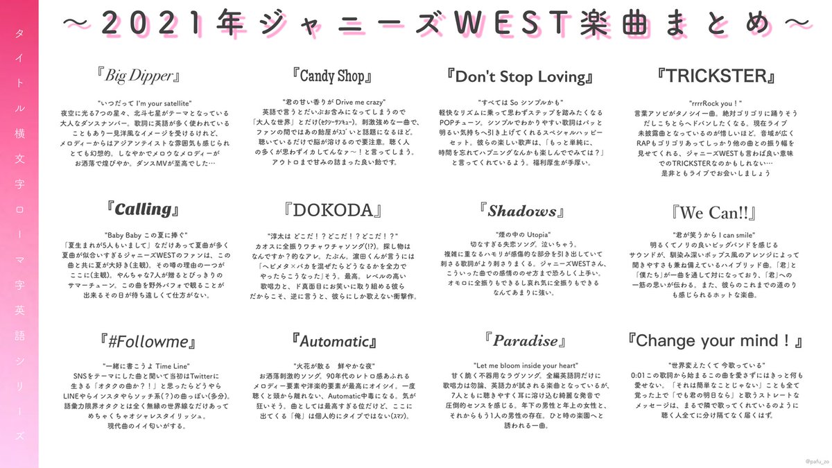 2021年もジャニーズWESTの音楽に沢山励まされ、救われました！ありがとう〜！！ 簡単に今年リリースされた楽曲たちを簡単にまとめてみました！  来年も色んなジャンルの楽曲を聴けたらいいな！🌈