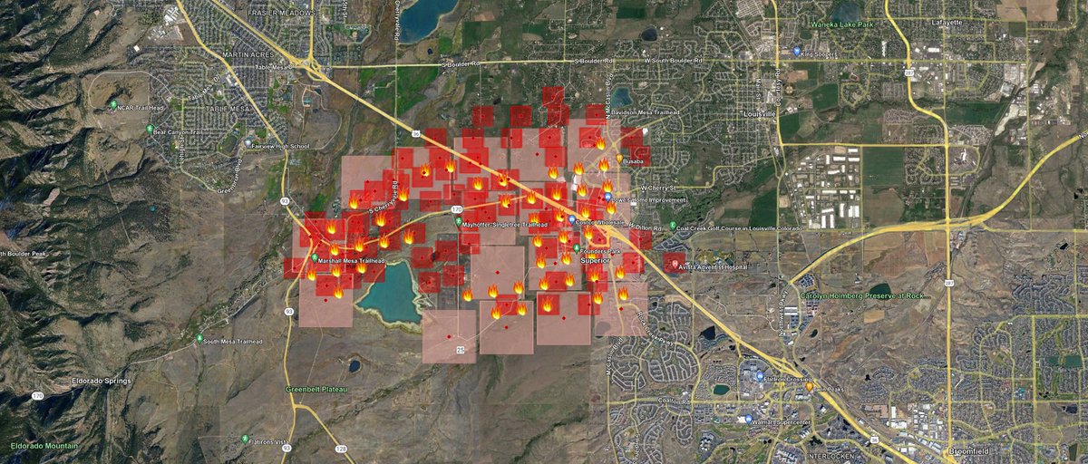 Black_PR's tweet photo. Satellite fire detection and footprint.  SUOMI VIIRS C2 375 meter fire footprints (in the small red squares) and FIRMS MODIS 1km (the larger squares).  Unfortunately, the data is likely hours old.  See https://t.co/hrgpitKQGk  #marshalfire #Louisville https://t.co/xD2ViBFtkU