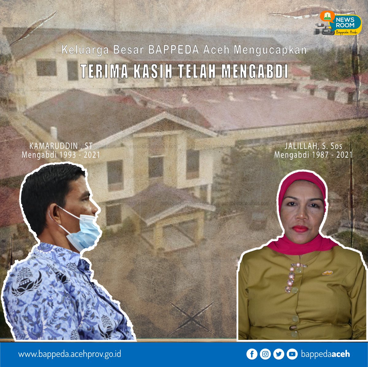 bappedaceh_prov's tweet photo. Salam #rakanpembangunanaceh,
Memasuki penghujung Tahun 2021, dua ASN Bappeda Aceh memasuki Purna Tugas. Kamaruddin, ST dan Jalillah, S. Sos telah selesai mengabdi sebagai ASN.  Keluarga Besar Bappeda Aceh mengucapkan Terima Kasih atas pengabdian Bang Kokom &amp; Kak Jalilah. https://t.co/sSBEhBbIbP