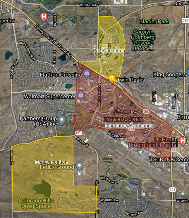 BroomfieldPD's tweet photo. 6PM UPDATE - NEW THREAD - THE FOLLOWING ARE THE LATEST MANDATORY AND PRE-EVACUATION ORDERS FOR @broomfield. 
🚨MANDATORY EVAC for everyone S of US-36 to 112th and West of Wads. This includes Interlocken area.  
🚨 PRE-EVAC Via Varra area and Skystone Neighborhood. @NMFirePIO https://t.co/M6Z8YvsUQB
