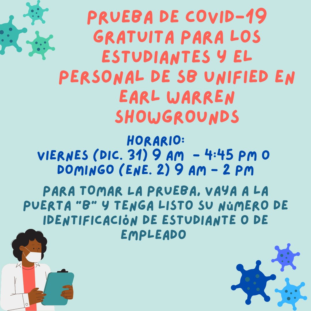 sbunified's tweet photo. Free COVID-19 Testing for SB Unified Students and Staff at Earl Warren Showgrounds
----------------------------------
Prueba de COVID-19 gratuita para los estudiantes y el personal de SB Unified en Earl Warren Showgrounds https://t.co/mSFHG0IPWO