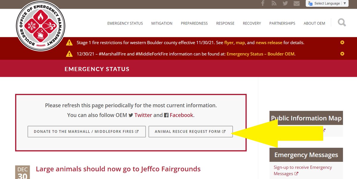 New easy-to-find buttons for donating to the #MarshallFire or #MiddleforkFire funds and a place to request animal rescue. Find them at BoulderOEM.com and navigate to the Emergency Status page. Right at the top!