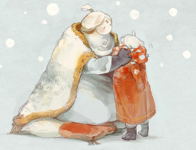今年最後の絵かつ前に言ってた構図被っちゃったって言っていたおばあちゃん🧣絵。塗りがいい感じで満足、良いお年を〜🎍 