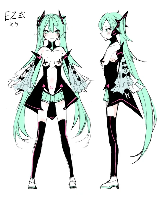怒られるの怖くてオリジナルのミクしか描いていませんでしたが、自分でデザインしたらええやんけ!ってなって描いてみた。
痴女ヒーローみたいな見た目になりましたが気に入ってますw 