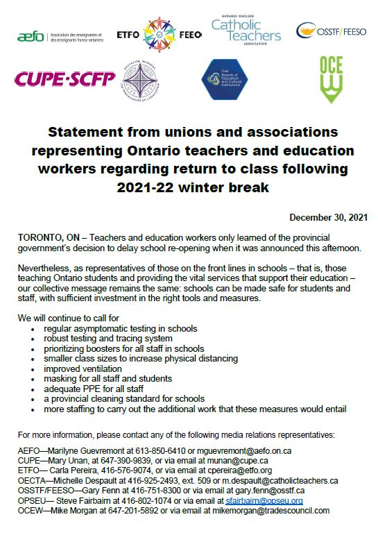osstf's tweet photo. Statement from unions + associations representing ON teachers and education workers regarding return to class following 2021-22 winter break.
@CUPEOntario @ETFOeducators @AEFO_ON_CA @OECTAProv @osbcucscso @OPSEU 
https://t.co/rurbA2DqDW 
#OntEd #OnPoli #SafetyForAll #ProPublicEd https://t.co/xPV0dYJGpl