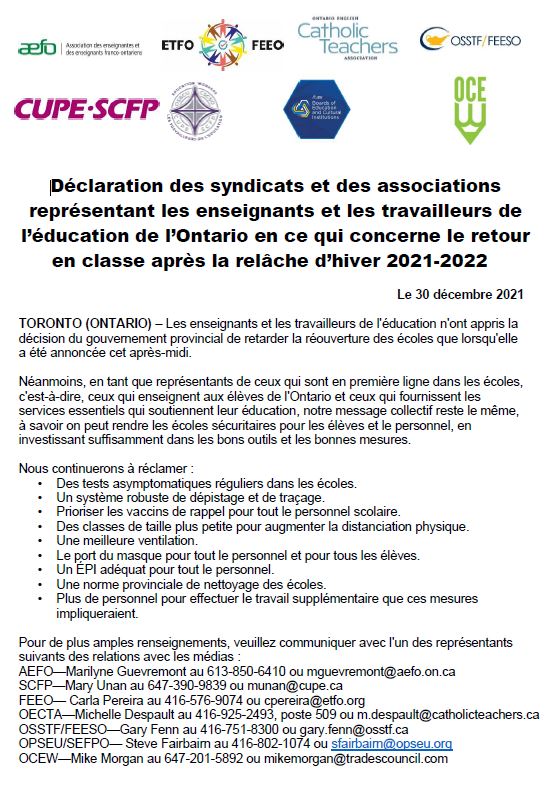 osstf's tweet photo. Statement from unions + associations representing ON teachers and education workers regarding return to class following 2021-22 winter break.
@CUPEOntario @ETFOeducators @AEFO_ON_CA @OECTAProv @osbcucscso @OPSEU 
https://t.co/rurbA2DqDW 
#OntEd #OnPoli #SafetyForAll #ProPublicEd https://t.co/xPV0dYJGpl