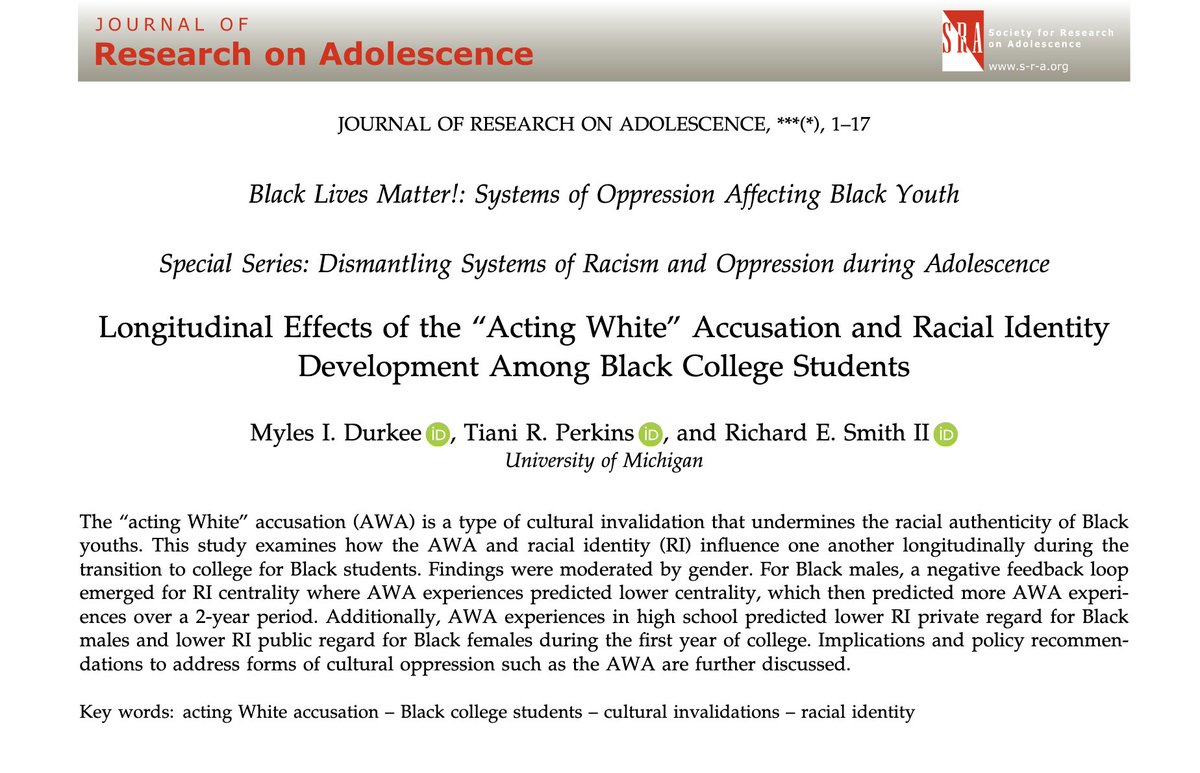 🚨NEW FINDINGS🚨
Our longitudinal data shows that the "acting white" accusation &amp; racial identity influence one another over time. But these developmental patterns are different for Black male &amp; female college students
Co-authors: <a href="/Tiani_Perkins/">Tiani Perkins, Ph.D.</a> <a href="/Richsm18/">Dr. Richard E. Smith II</a> 
doi.org/10.1111/jora.1…