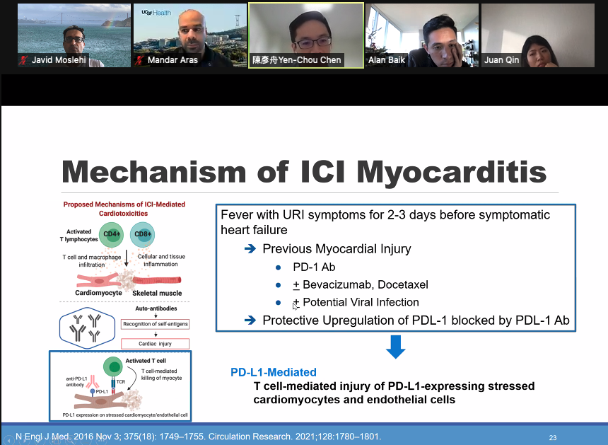 It may be holiday week but the <a href="/UCSF/">UC San Francisco</a> #CardioOnc #CardioImmuno conference continues! Dr. YC Chen (Tapei Medical Univ): Myocarditis after sequential PD-1-PD-L1 Rx. Could initial anti-PD1 Rx induce PD-L1 in the heart (as a potential mechanism)? <a href="/SeanM_Wu/">Sean M Wu, MD PhD</a> <a href="/HanZhuMD/">Han Zhu</a> <a href="/LorenzLehmann/">Lorenz Lehmann</a>