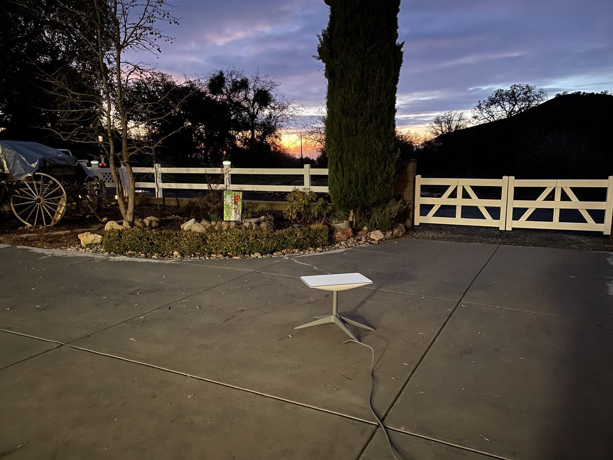Just had to use the last bit of daylight to test this out. Delivery delayed a week because of the weather, but excited for my new ⁦⁦<a href="/SpaceX/">SpaceX</a>⁩ dishy! Should do much better up on the roof, but I’m not climbing up there tonight.