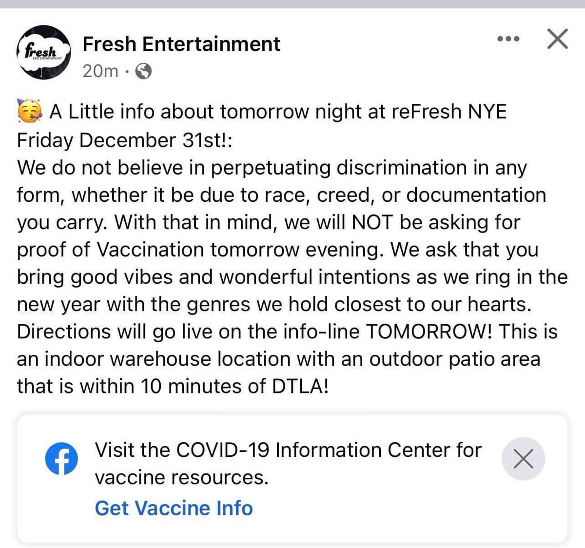 Hey, <a href="/gofreshyourself/">Fresh Entertainment</a>. Real cool of you actively stating you will be disobeying public health ordinances because it’s “discrimination”. You want to throw an event? Do it safely. 

#FreshSuperspreaderEvent