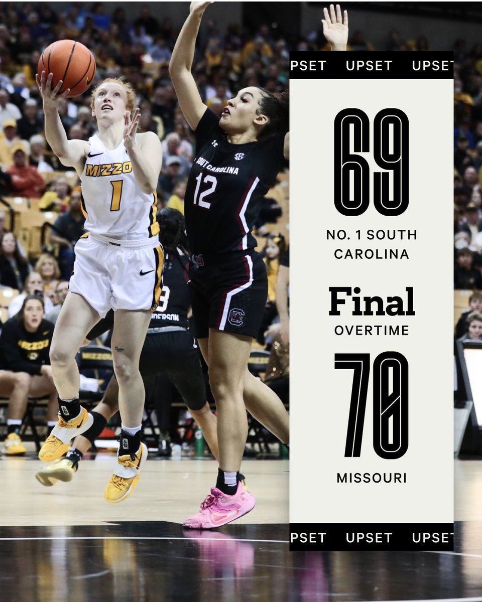 TheAthletic's tweet photo. DOWN GOES NO. 1.

Unranked Missouri defeats No. 1 South Carolina 70-69 in OT in front of 6,139 fans at home.

◻️ Hayley Frank: 21 PTS
◻️ Lauren Hansen: 21 PTS
◻️ Ladazhia Williams: 12 PTS | 12 REB

📸 @MizzouWBB https://t.co/ziddSqXdNr