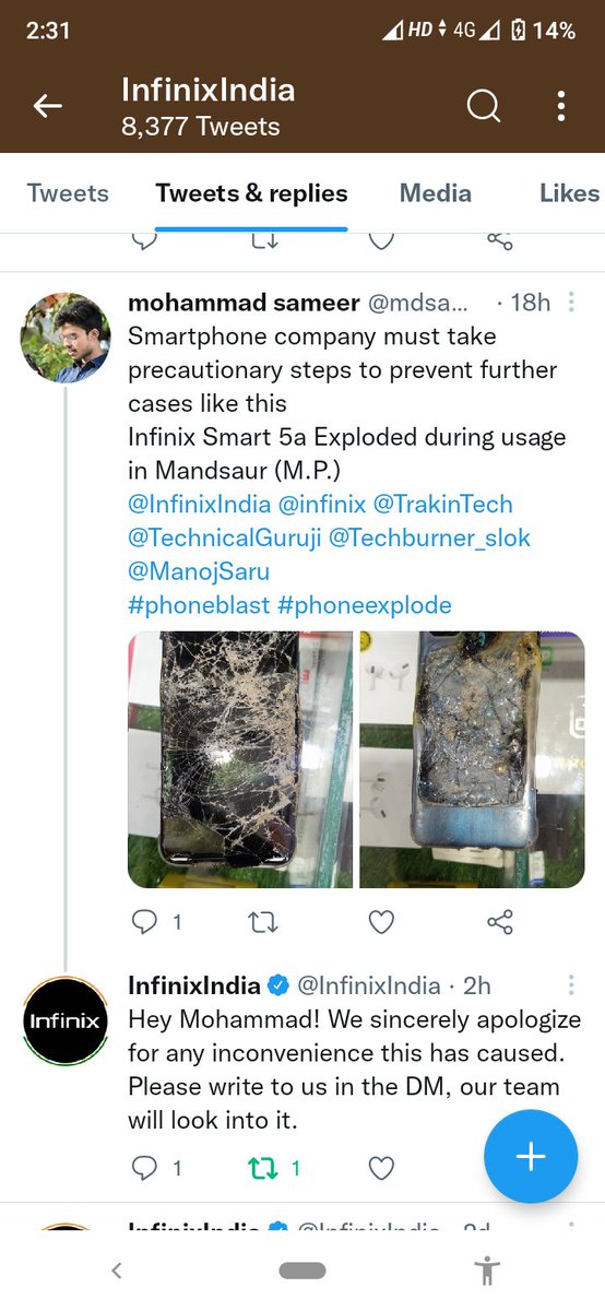 mdsam7620's tweet photo. @TrakinTech My infinix smarphone exploded.
Sir in 2021 we saw smartphone exploded is increasing what is the reason behind it? https://t.co/OKBKBSHiPE