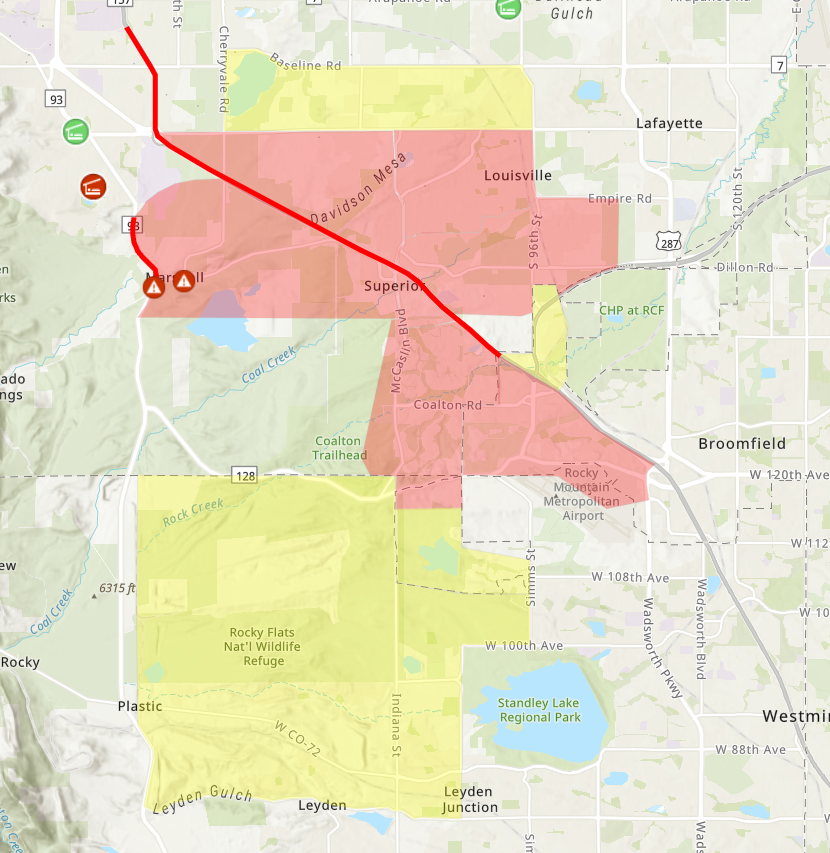 CAFireScanner's tweet photo. #Colorado: #MarshallFire (Superior/Louisville) - The official evacuation map has been recently updated & incorporates the evacuations being issued by Broomfield PD. Red = evacuation order, yellow = evacuation warning. Link > https://t.co/QbfMDjwVG2 https://t.co/pu1asETP8O