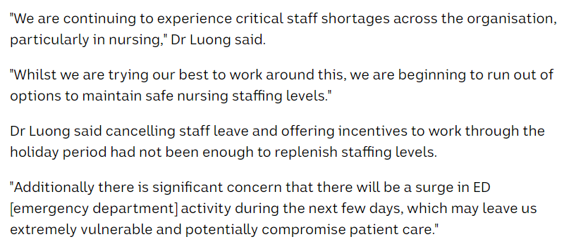 BrettAFlower's tweet photo. Yes @Dom_Perrottet is taking the piss.(The state is in a "strong position") He needs to resign!
"St Vincent's Hospital executive director Kevin Luong yesterday, outlined how low staffing levels could play out over the next few days."
#DomMustGo #Domicron
https://t.co/0uHRMhgls4 https://t.co/eqmxiHzNXy