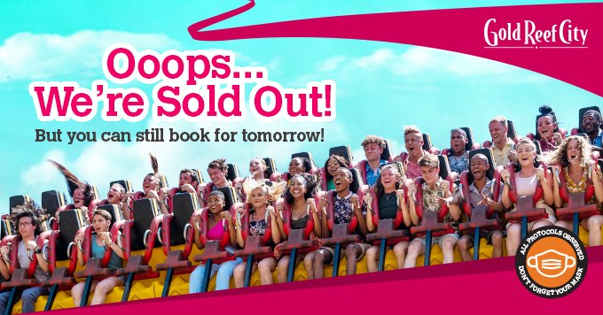 GoldReefCitySA's tweet photo. Hurry and get your Gold Reef City Theme Park tickets for tomorrow or Sunday as ๐ข tickets for today 31 December are SOLD OUT already! Book online now at https://t.co/wk0aVsy1nW. Don't miss out and remember to mask up! ๐ท #GRCThrills #newyearsfun https://t.co/OdVSXX4483