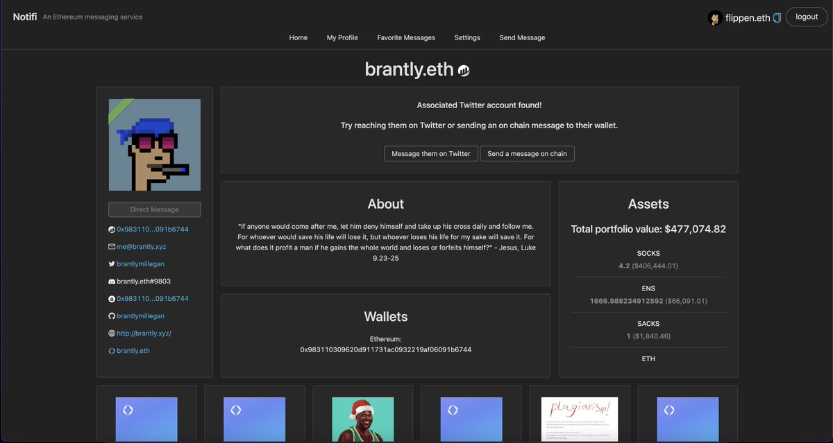 notifi_xyz's tweet image. Today we've launched Notifi profiles.

Profile pages exist for every ETH address. You can think of it like an Ethereum phone book.

If you ever need to quickly get an overview of an address, or find the best way to contact an anon wallet, notifi.xyz is here to help!