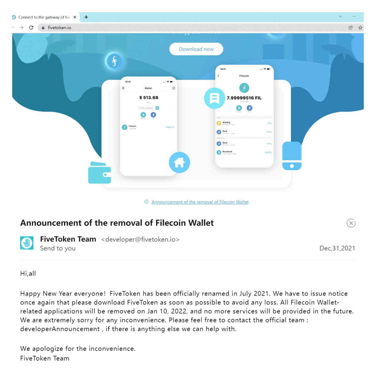 fivetokenio's tweet photo. 😊Happy New Year everyone！

We are extremly sorry to notice once again that please download @FiveToken as soon as possible. All @filecoin Wallet app will be removed on Jan 10, 2022, and no more services will be provided in the future.

#wallet #Filecoin #event #ipfs https://t.co/i7J92Dtru3
