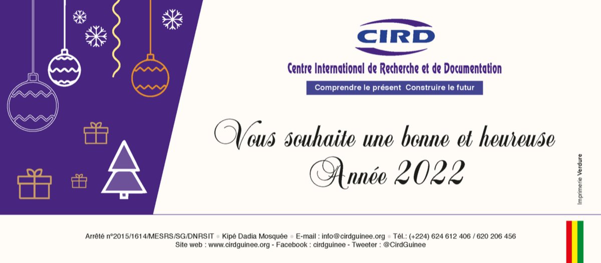 CirdGuinee's tweet photo. vous assure de l'engagement du Centre à faire de son mieux pour continuer à servir le monde de la Recherche, de la Formation, de la Documentation et mais aussi de promouvoir le Patrimoine.
#BonneAnnée2022 
#CIRD #Guinée https://t.co/TyGKCgipa4
