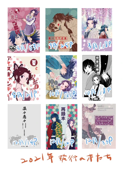 合同誌や短編集も含みますが9冊出してたみたいです。今年はそんなに出してなかったなぁ〜と思ったけどそうでもないな??
ちなみに事務ページ抜きの本文のみで(合同誌や短編集は担当本文、再録は描き下ろし)355枚描いたみたいです。表紙や寄稿も含めると400枚近くかな多分(ざっくり計算) 