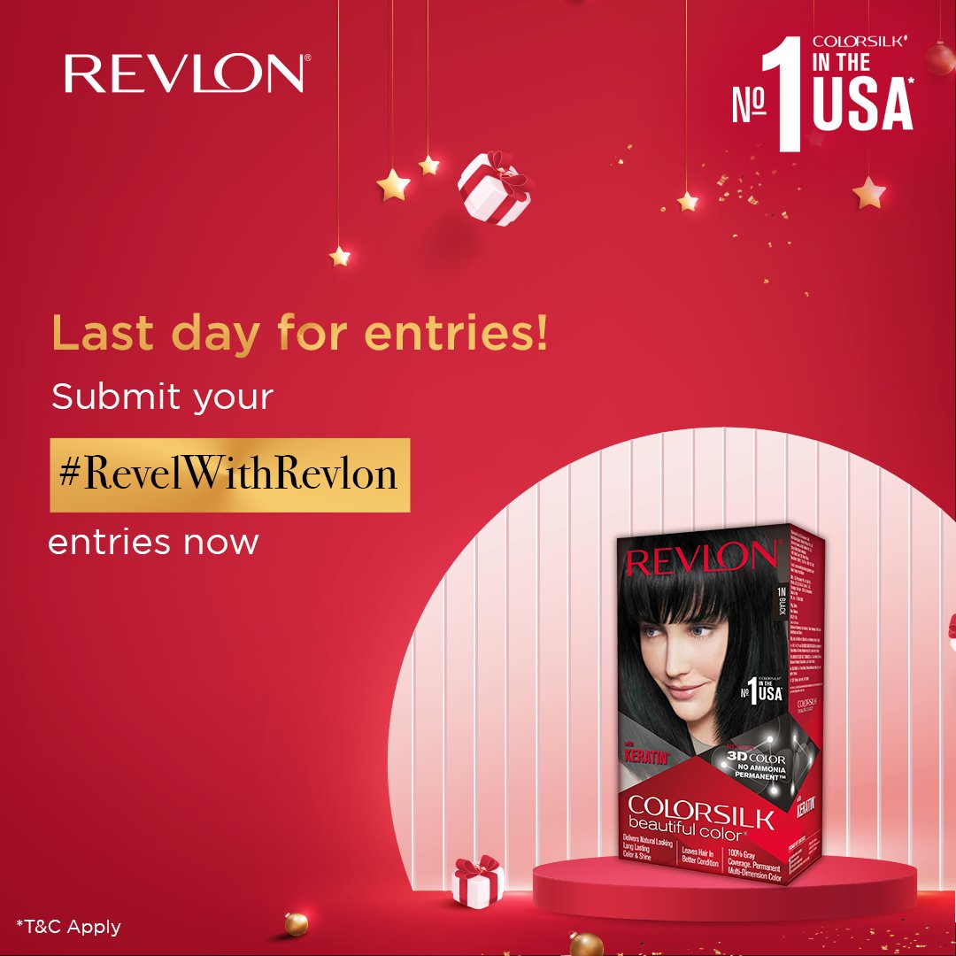RevlonIndia's tweet photo. It's now or never. Participate Now. Share your Revel with Revlon moment as a Picture or Video with the hashtag #RevelWithRevlon #RevlonIndia and win Revlon Goodies Shop Now-https://t.co/5FULHrklh8 #Revlon #RevlonColorsilk #festivelook #haircolour #NewYear #fashion https://t.co/rtKhyGC27g