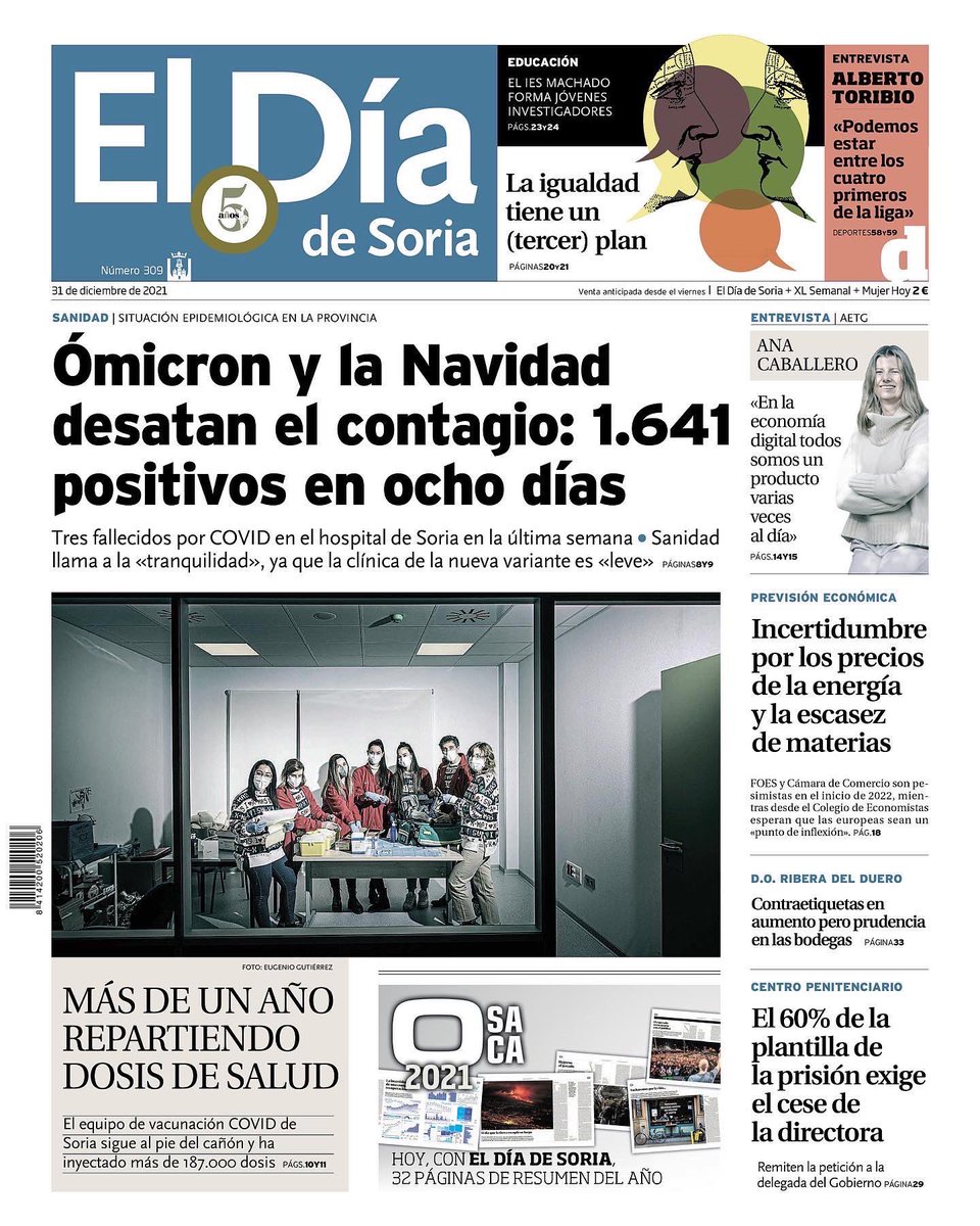ElDiaDeSoria's tweet photo. La última portada del año. Este fin de semana @eldiadesoria llega acompañado del suplemento #OSACA. Un resumen de lo más significativo de 2021
Feliz 2022!!! Y gracias por vuestra confianza https://t.co/fxiN4E0T84