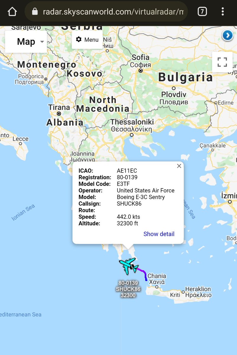 scan_sky's tweet photo. #USAF - Boeing E-3C Sentry - 80-0139 - #SHUCK86

Departed From Souda Bay 🇬🇷 &amp; Currently Routing West Over The Mediterranean.

Callsign Would Indicate That This Is A Transit Flight &amp; Will Be Routing Back To CONUS 🇺🇸 - Most Likely Via Rota 🇪🇸 https://t.co/h4jPn29Cw9