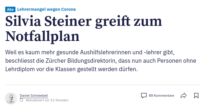 Im Kanton Zürich fehlen Covid-bedingt Lehrpersonen. Ist die Lösung ein besseres Schutzkonzept? Nein: Einfach Leute, die keine Lehrpersonen sind, vor die Klassen stellen. Die "einfach mehr IPS-Betten"-Logik erreicht die Schule. Starker #DontLookUp-Vibe 👍.

tagesanzeiger.ch/silvia-steiner…