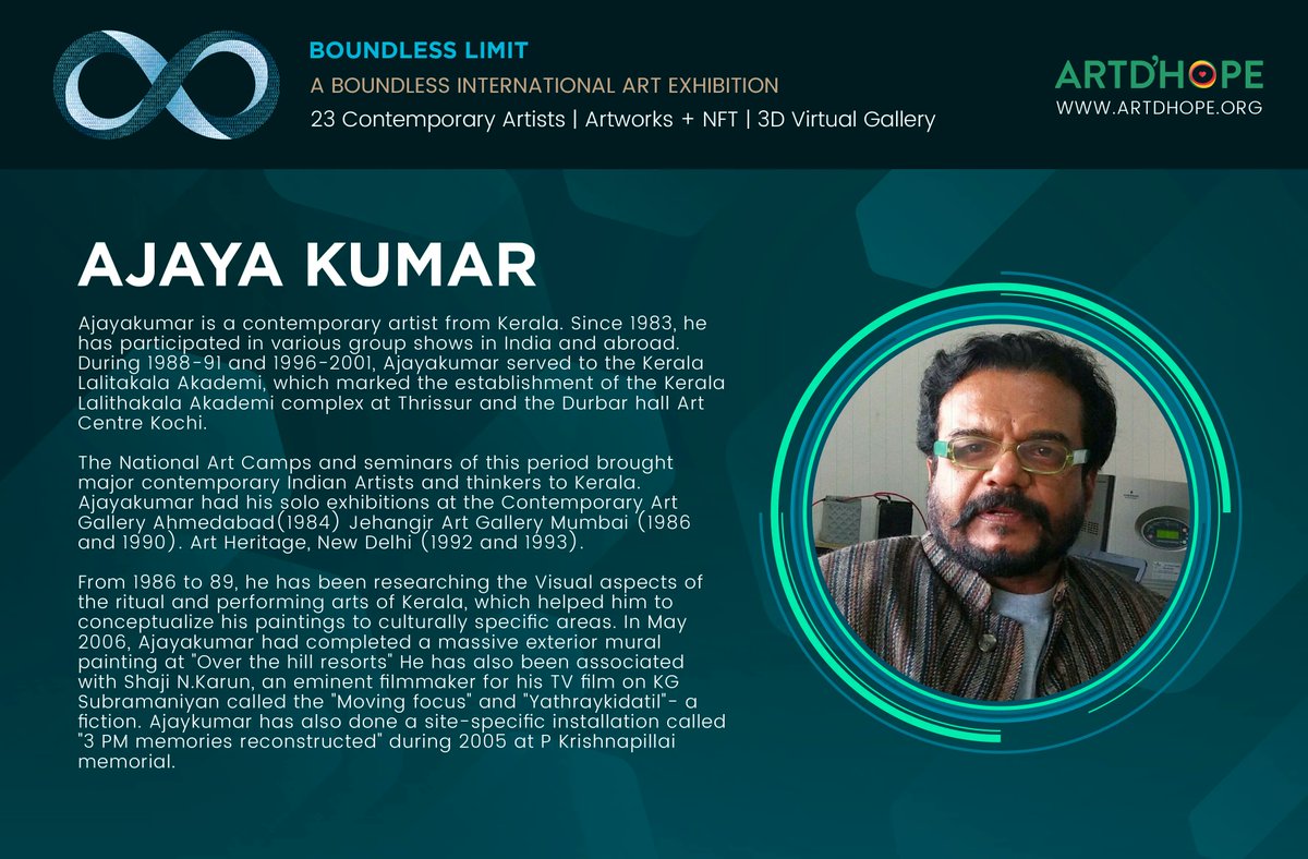 artdhope's tweet photo. Ajaya Kumar
Boundless Limit | An International online Art Exhibition | 23 International Contemporary Artists | Artworks + NFT exhibited in a virtual 3D gallery space. 
.
#exhibition #art #contemporaryart #artist #painting #gallery #artwork #artgallery #modernart #artexhibition https://t.co/0Q7j18aH4Q