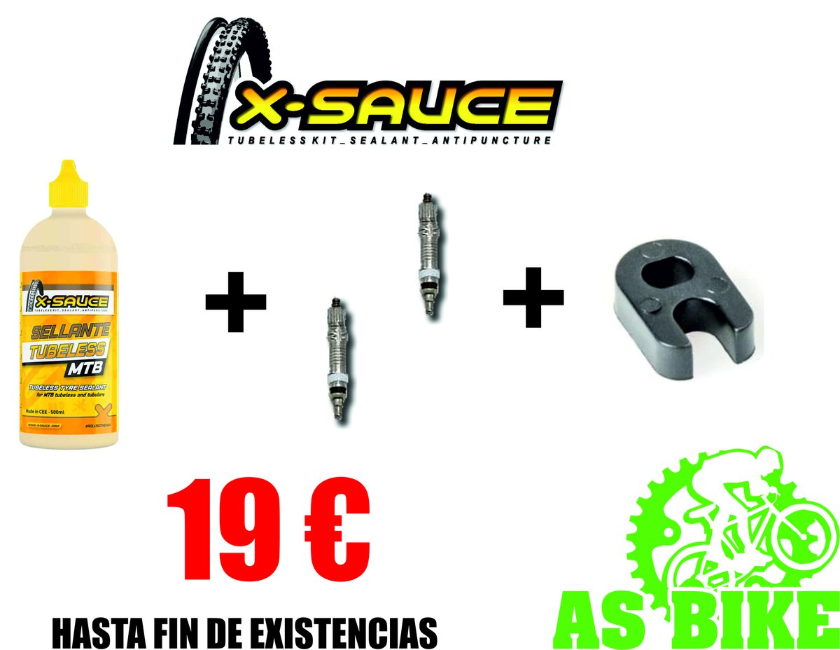 Pack X-Sauce:
- Líquido antipinchazos tubeless 500ml
- Cerraja
- 2 Obuses válvula fina