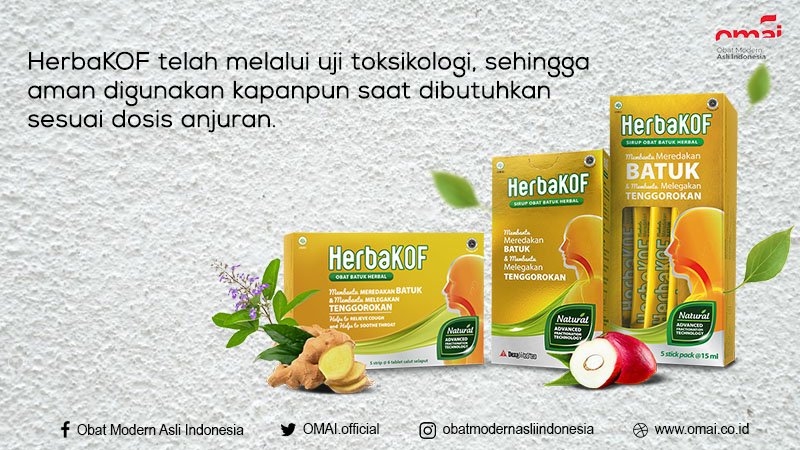HerbaKOF telah melalui uji toksikologi, sehingga aman digunakan kapanpun saat dibutuhkan sesuai dosis anjuran.

#OMAI
#ObatModernAsliIndonesia
#BanggaBuatanIndonesia
#InovasiIndonesia
#HerbaKOF